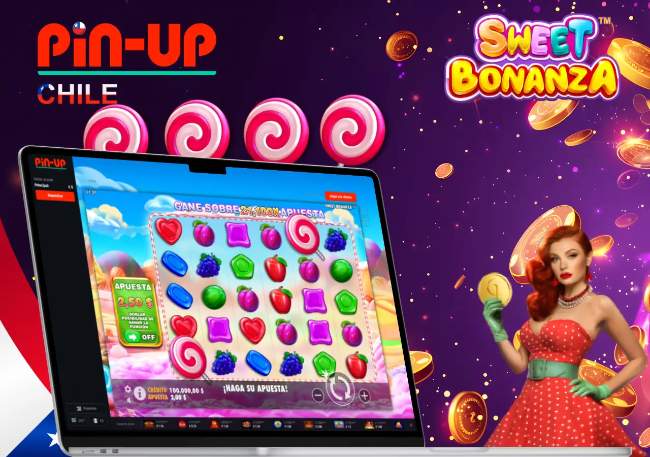Juego Sweet Bonanza en Pin-Up Chile con premios de hasta 21.000x por apuesta