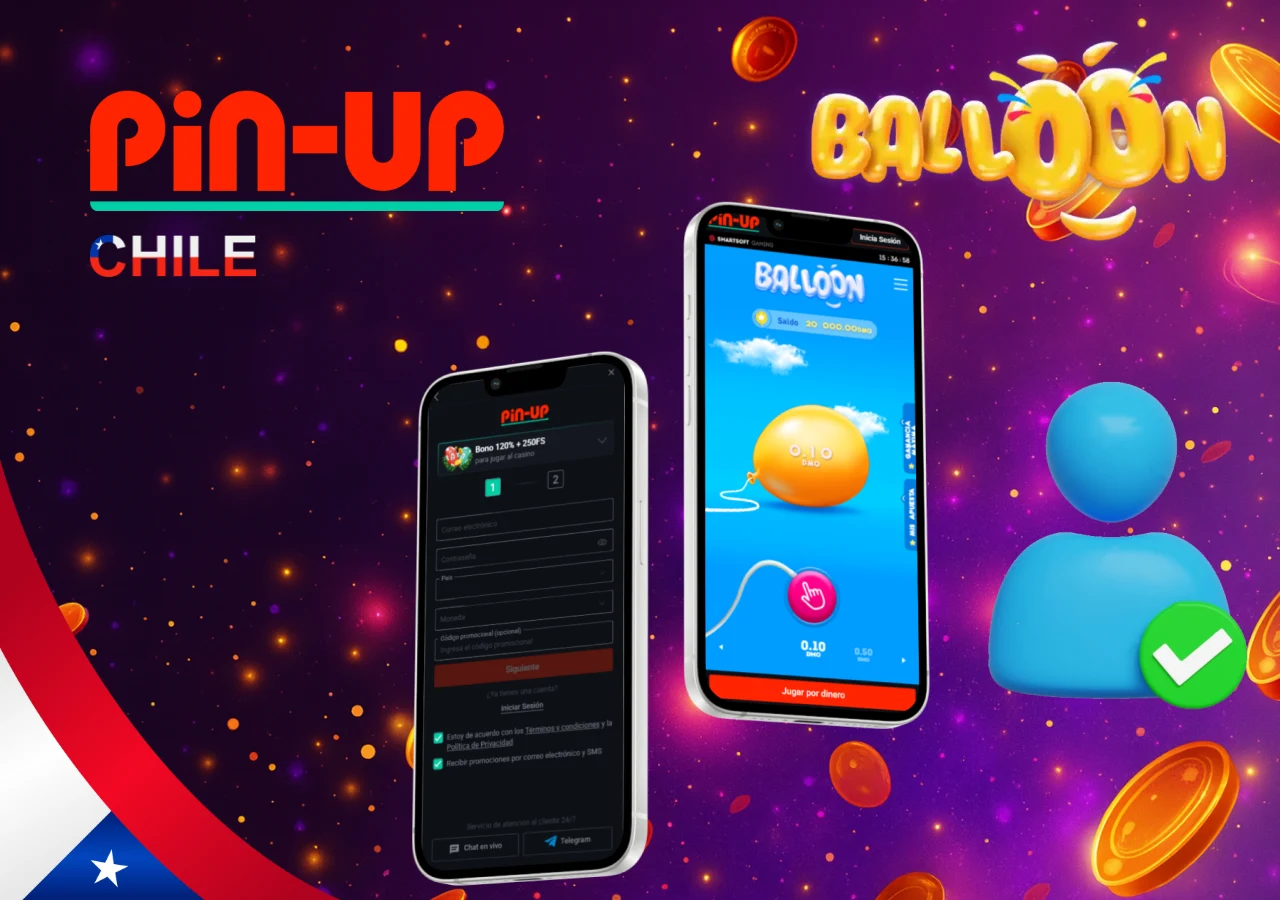 Proceso de registro e inicio del juego Balloon en Pin-Up Chile desde un smartphone