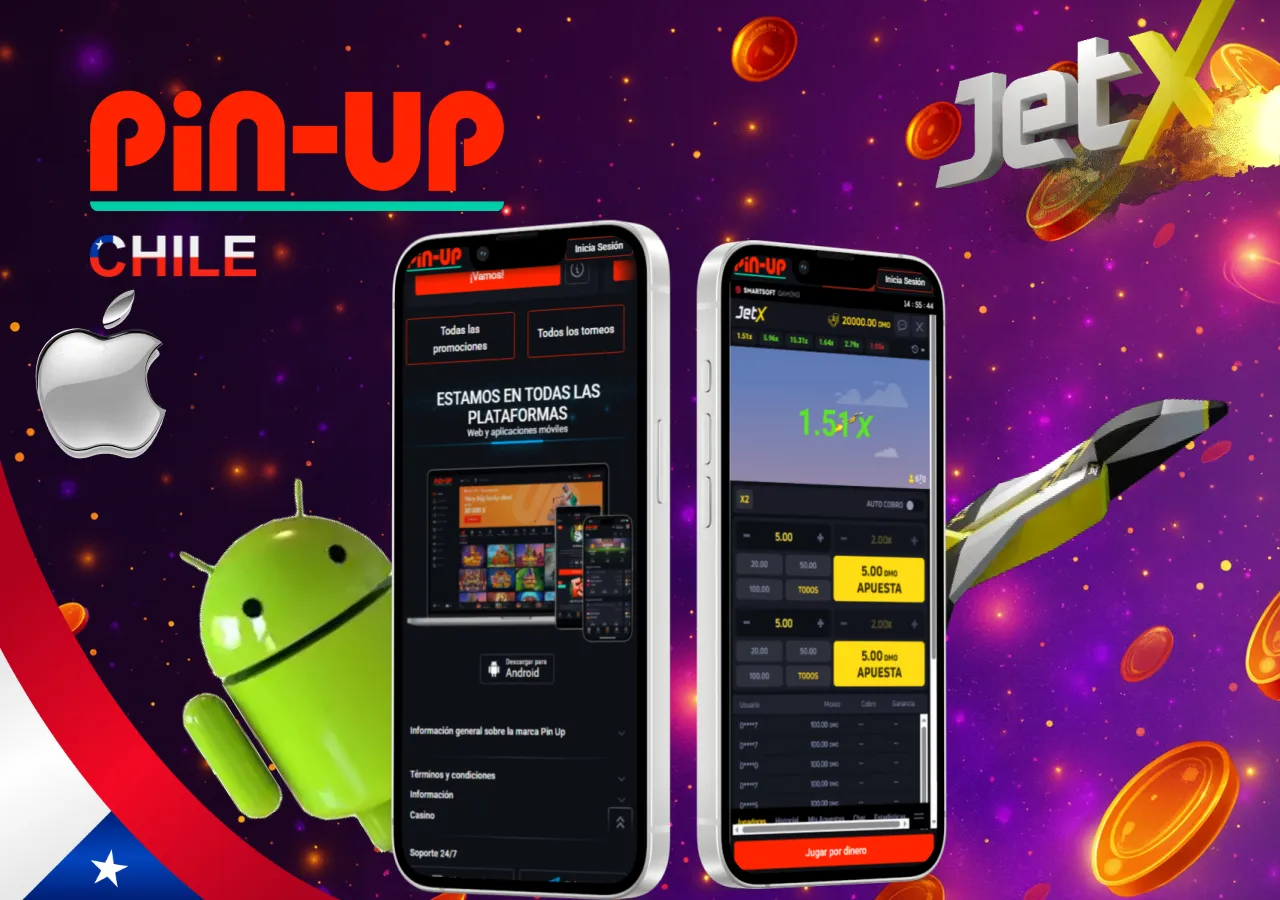 Aplicación móvil JetX en Pin-Up Chile disponible para Android y iOS con cohete animado y opciones de apuestas